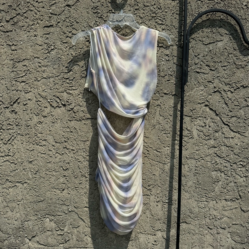 Zara cutout tulle mesh mini printed tie dye dress, white, lilac, blue color Sz M - Picture 3 of 4